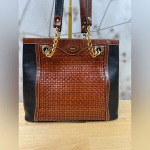 Bally Vintage Black & Brown Leather Woven Tote Bag | Gold Chain Strap